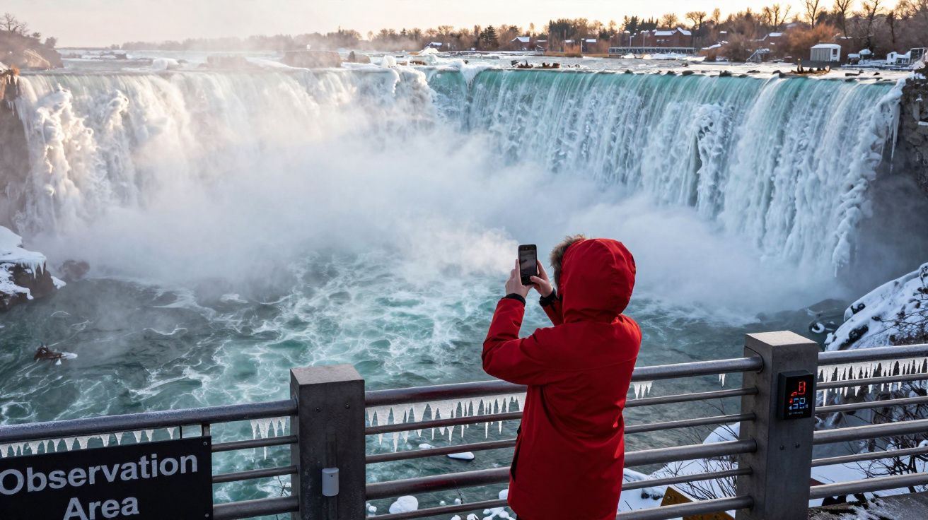 Persoană în geacă roșie fotografiind Cascada Niagara înghețată pe o platformă de observație iarna.