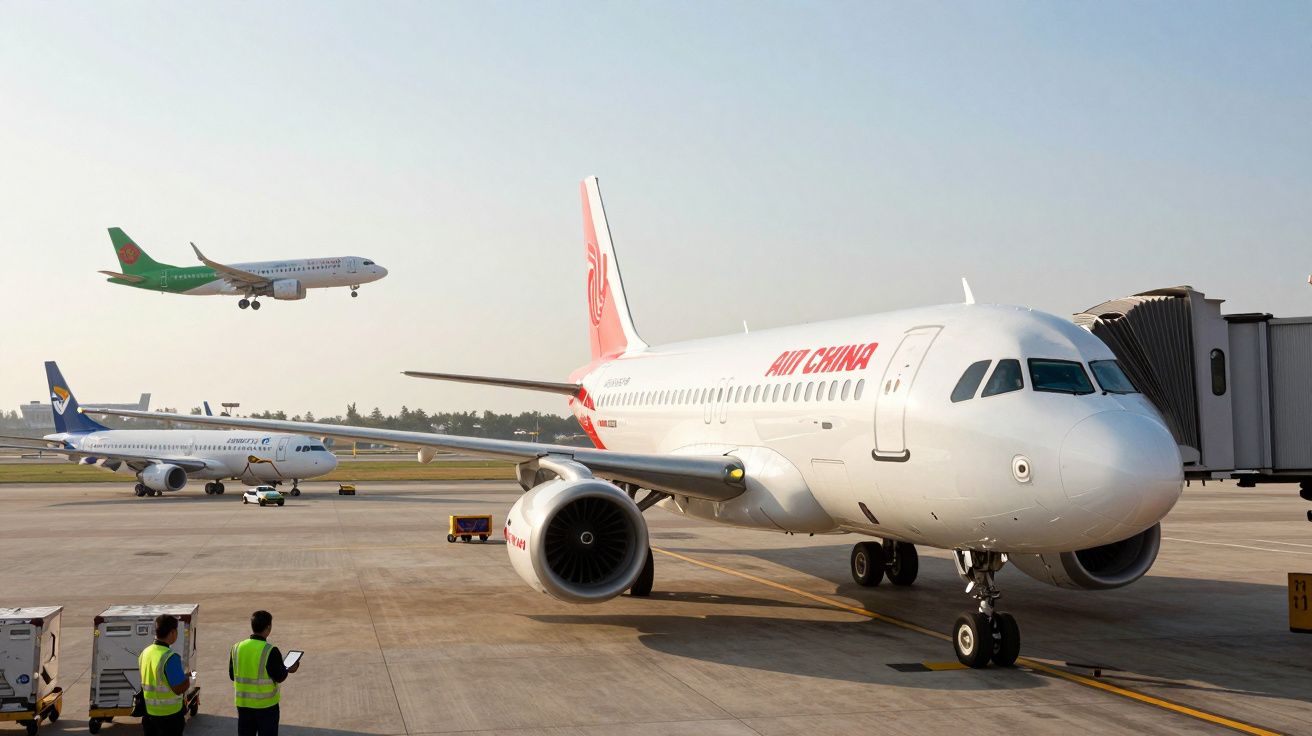 Avion Air China parcat la poartă, alte avioane în aterizare și pe pistă la aeroport într-o zi senină.