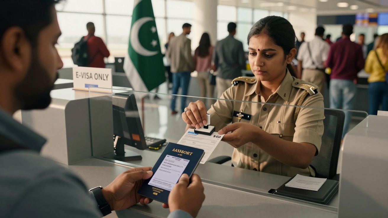 Ofițer de control pașapoarte verificând documente la ghișeul de e-viză într-un aeroport cu steagul Pakistanului în fundal.