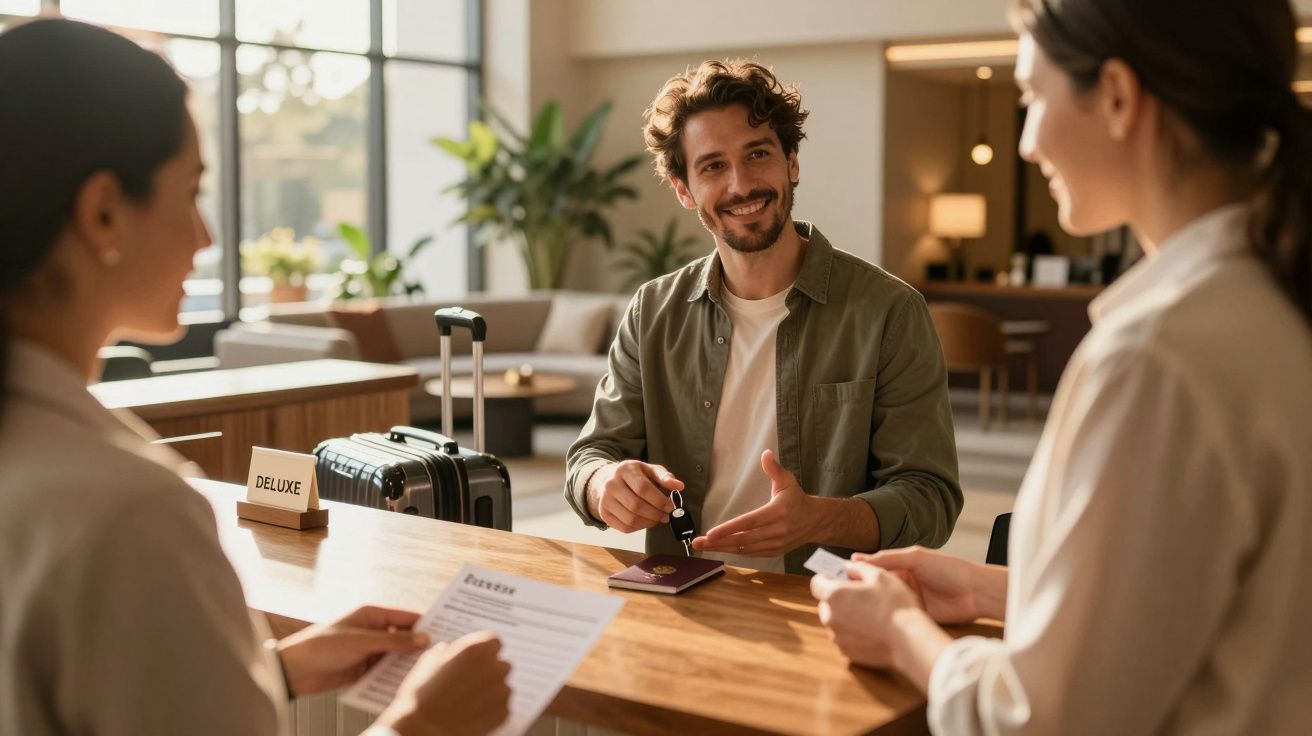 Bărbat zâmbind la recepție, ținând pașaport și cheie, cu valiză în lounge modern al hotelului.