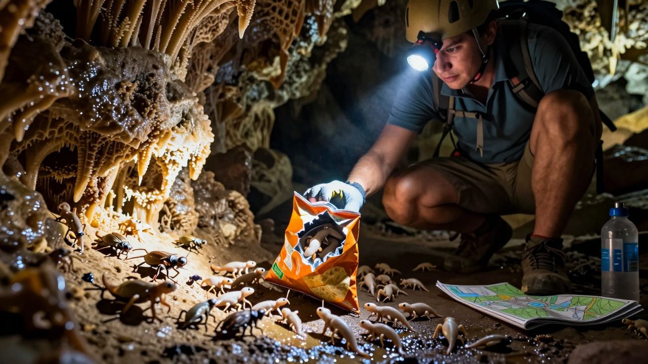 Explorator într-o peșteră hrănind stafilini de cauciuc cu lanterna aprinsă pe cască.