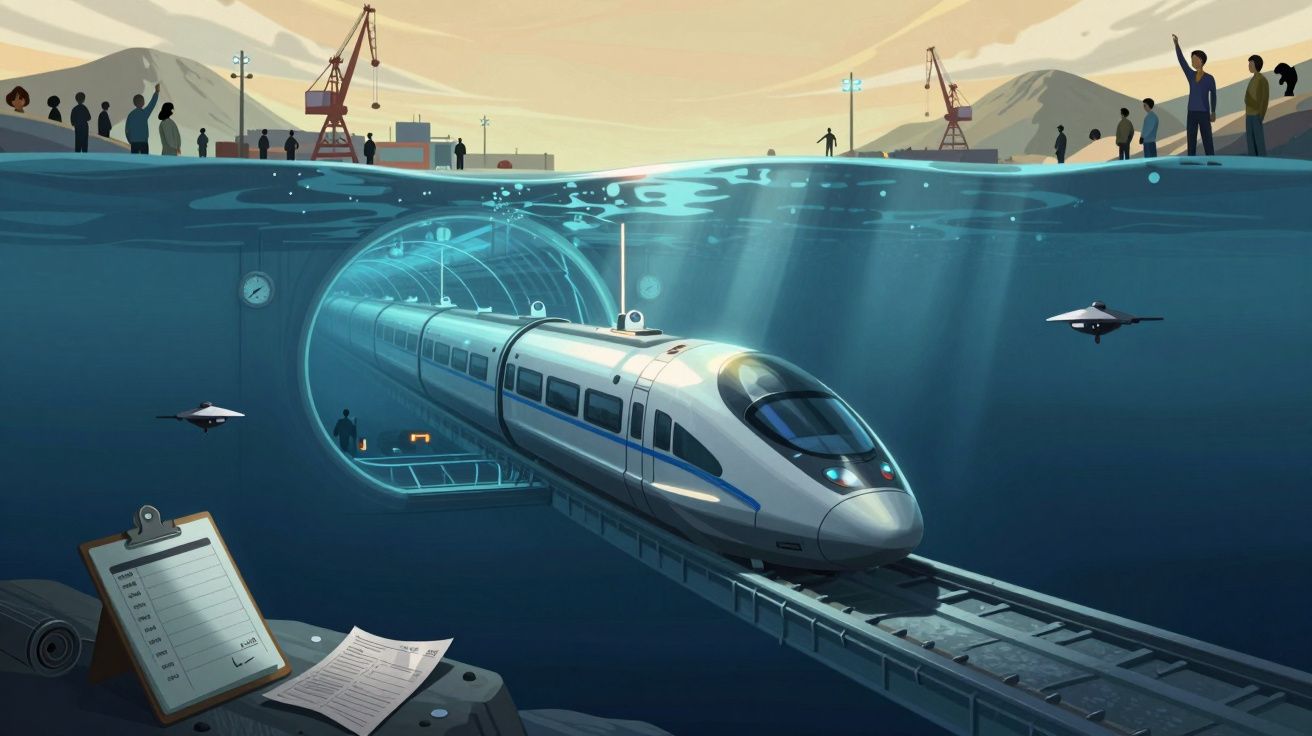Tren modern trecând printr-un tunel subacvatic, cu oameni și macaragii pe suprafața apei în fundal.