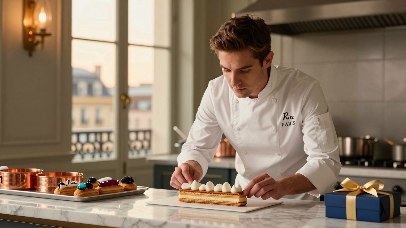 Bucătar atent așezând decoruri albe pe un desert elegant într-o bucătărie luminoasă și modernă.