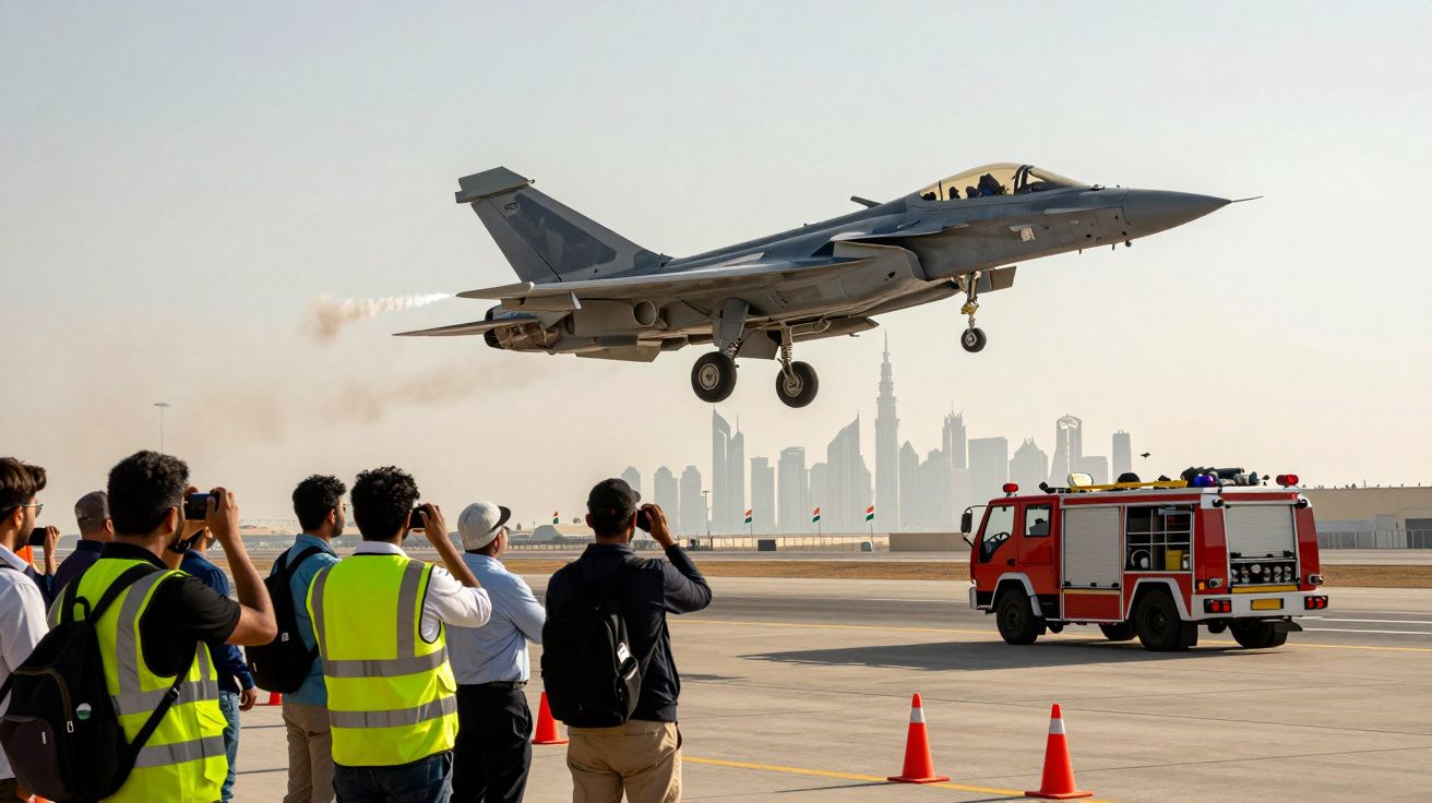 Avion de luptă F-16 deasupra unei piste, fotografiat de un grup de oameni cu un camion de pompieri în apropiere.