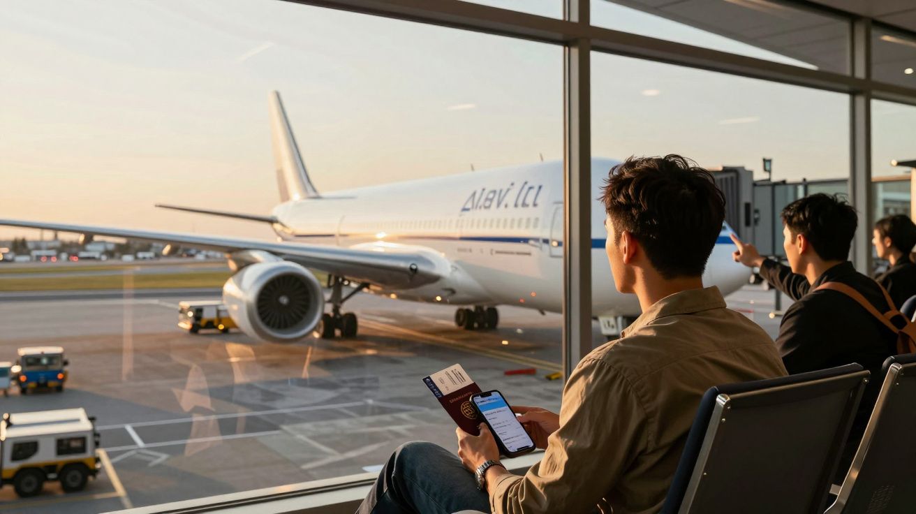 Tineri așteptând în terminalul aeroportului, cu avion pe pistă văzut prin geam la apus.