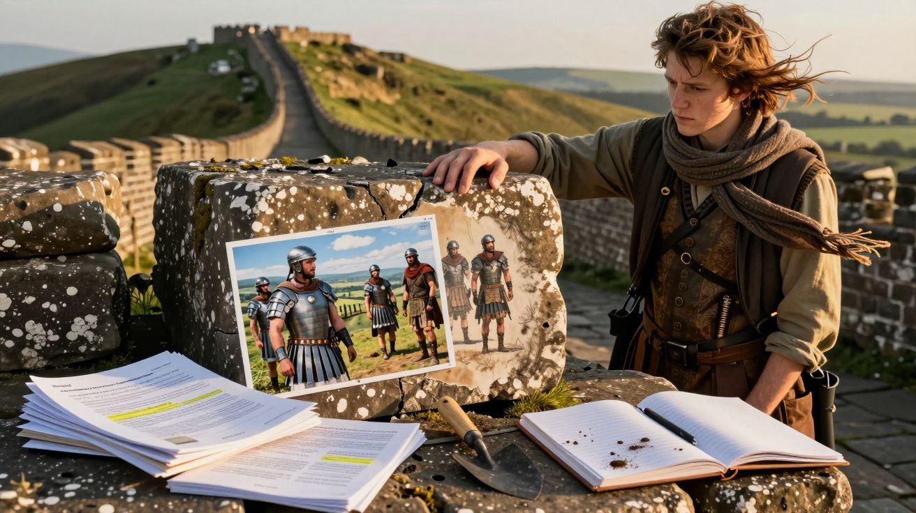 Tânăr cercetător studiază o fotografie cu soldați romani lângă zidul unei cetăți vechi, în aer liber.