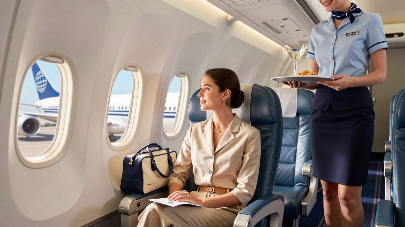 Pasageră elegantă stând lângă fereastră în avion, în timp ce o însoțitoare de bord servește băuturi și gustări.