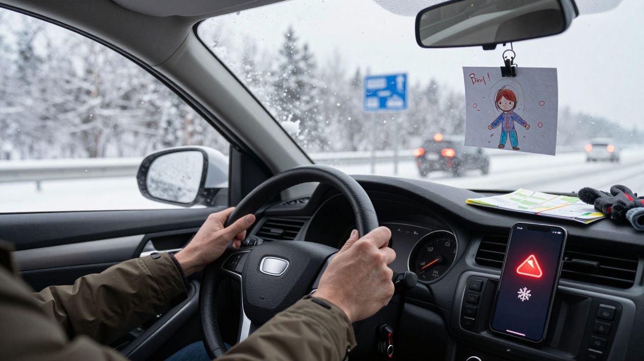 Interior mașină cu volan ținut de mâini, afișaj telefon cu semn de alertă pentru gheață, peisaj de iarnă în afară.