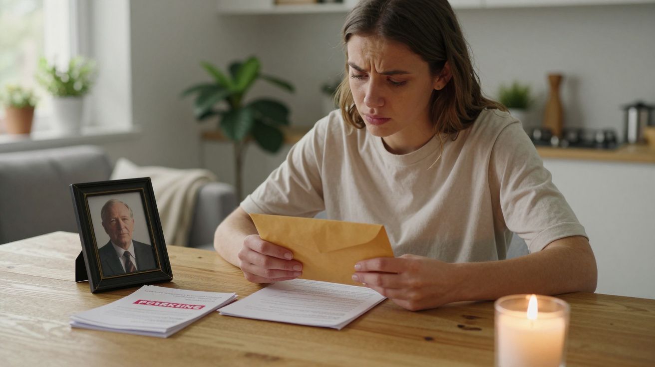Femeie îngrijorată citind o scrisoare, lângă o poză cu un bărbat în ramă și o lumânare aprinsă.