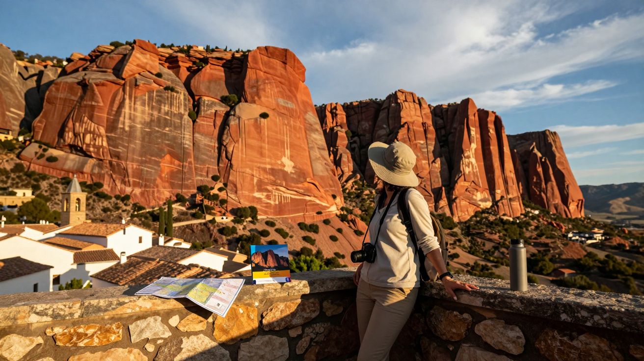 Turist cu pălărie privind formațiuni stâncoase roșii, cu hărți pe zidul de piatră la apus.
