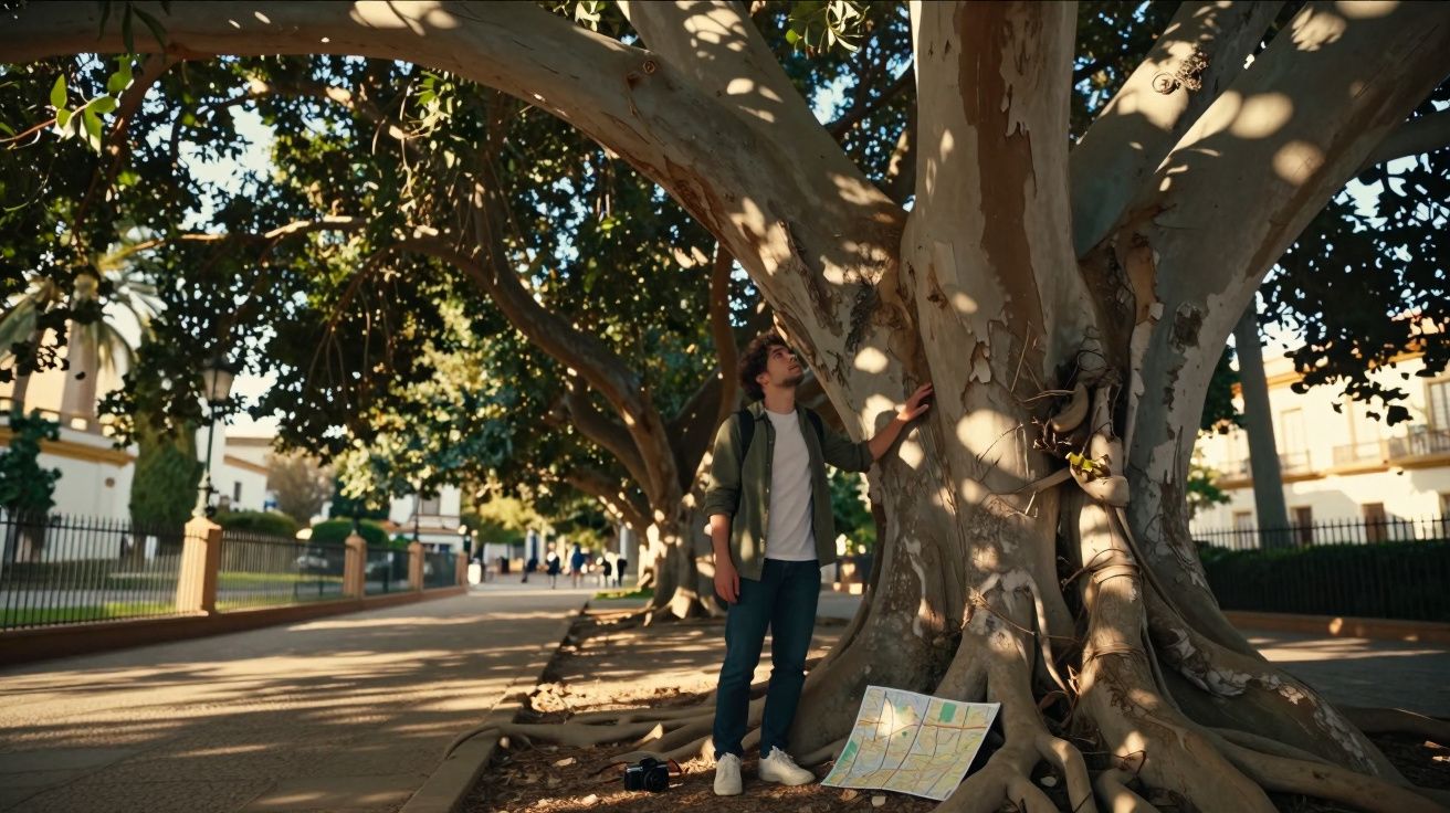 Bărbat privește un copac mare pe o alee, cu o hartă desfăcută pe sol lângă el, într-o zonă urbană.