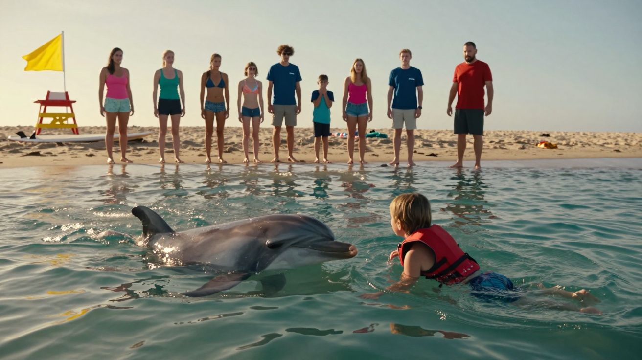 Copil cu vestă de salvare interacționează cu un delfin în apă, iar un grup de oameni stau pe malul nisipos.