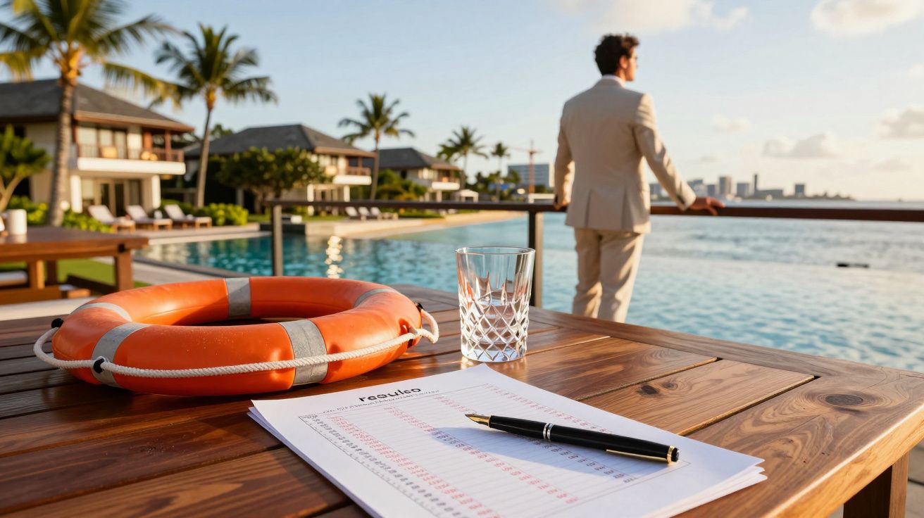 Colac de salvare, pahar, document și bărbat în costum privind spre mare la o terasă cu piscină.