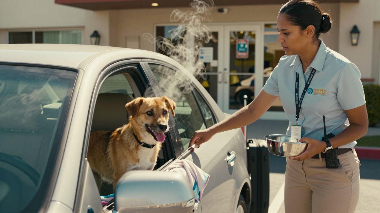 Femeie oferind mâncare unui câine fericit într-o mașină parcată în fața unei clădiri.