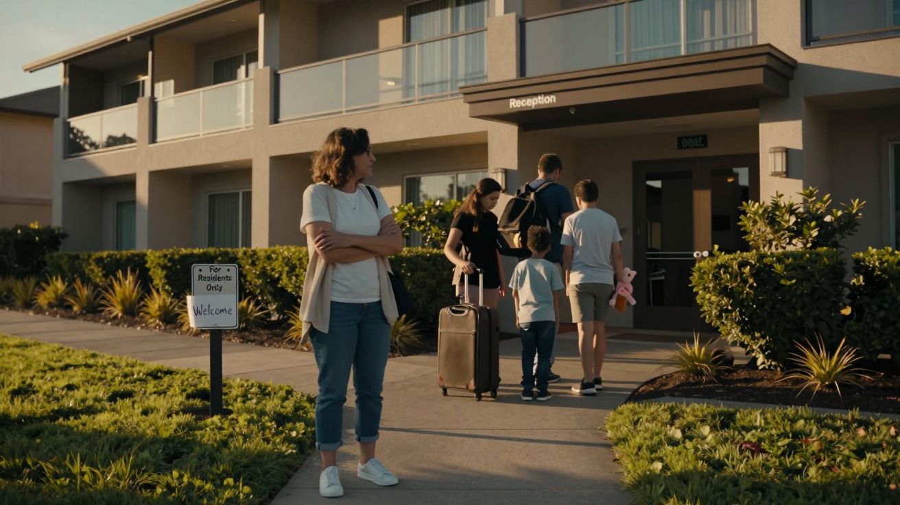 Familie cu bagaje intră la recepția unei clădiri rezidențiale, o femeie așteaptă afară.