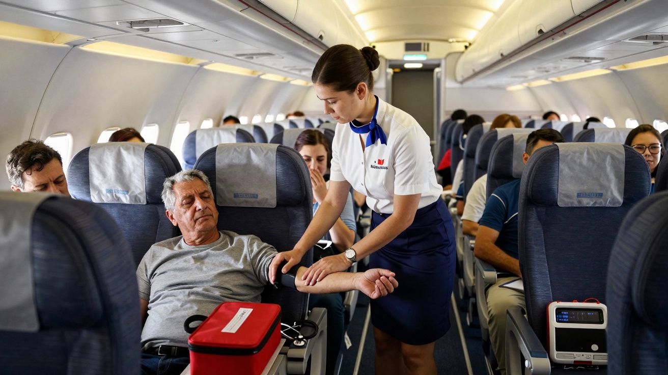 Stevardesă măsoară pulsul unui pasager bătrân într-un avion plin de pasageri.