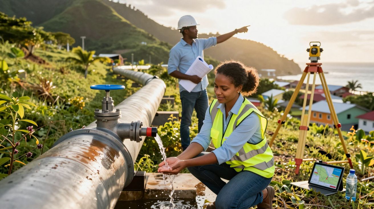 Doi ingineri verifică o conductă de apă într-o zonă rurală, unul testează apa, altul ia notițe.