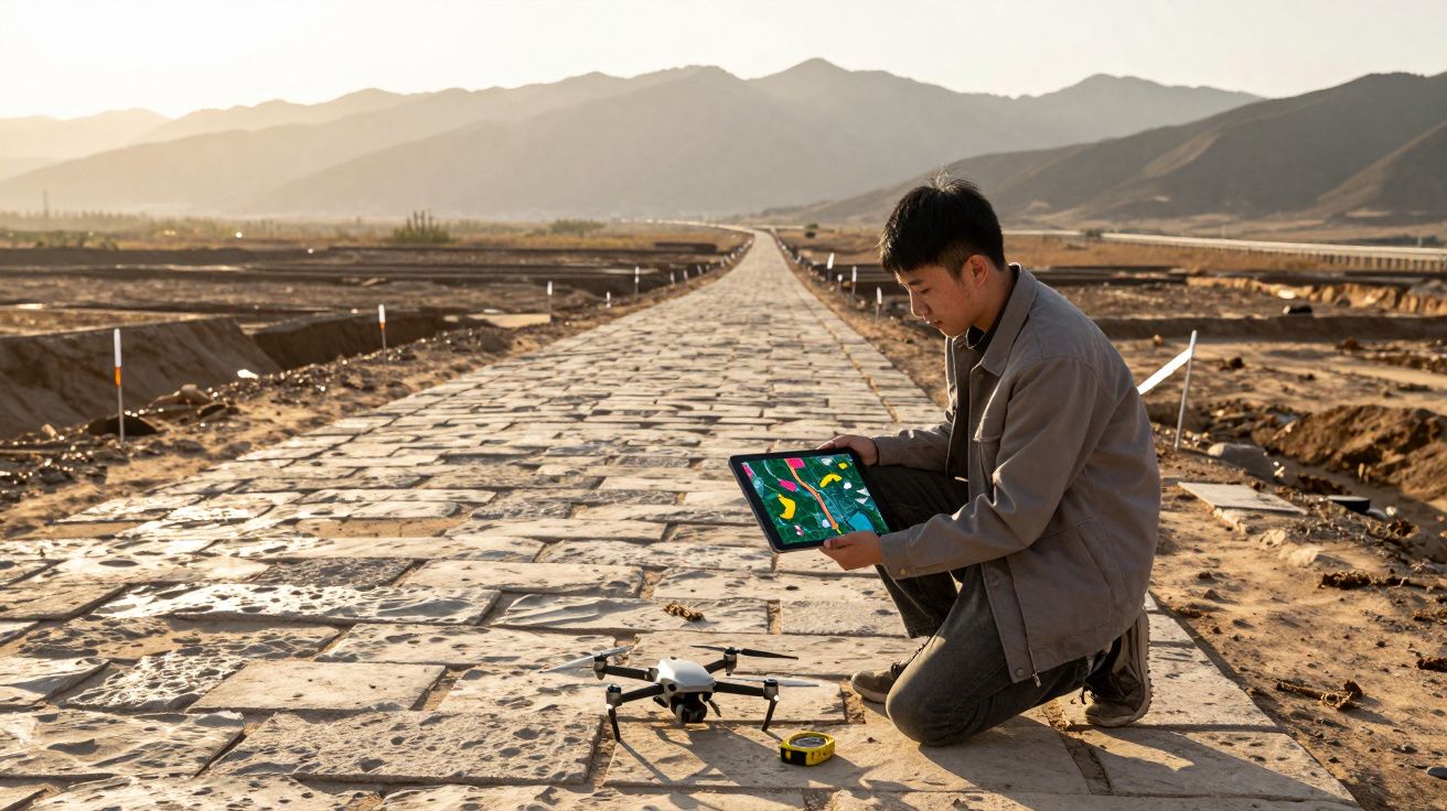 Bărbat genuflexat pe un drum pietruit verificând o tabletă, cu o dronă și o măsură lângă el, munți în fundal.