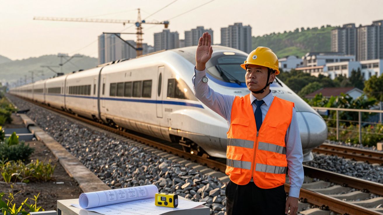 Lucrător în vestă portocalie și cască galbenă semnalizând pe lângă un tren rapid alb pe șine.