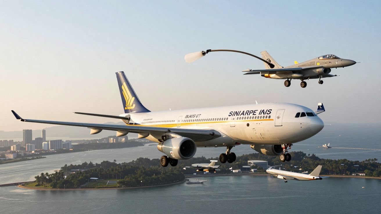 Avion de pasageri și două avioane de luptă în zbor peste o zonă cu insulă și apă, oraș în depărtare.