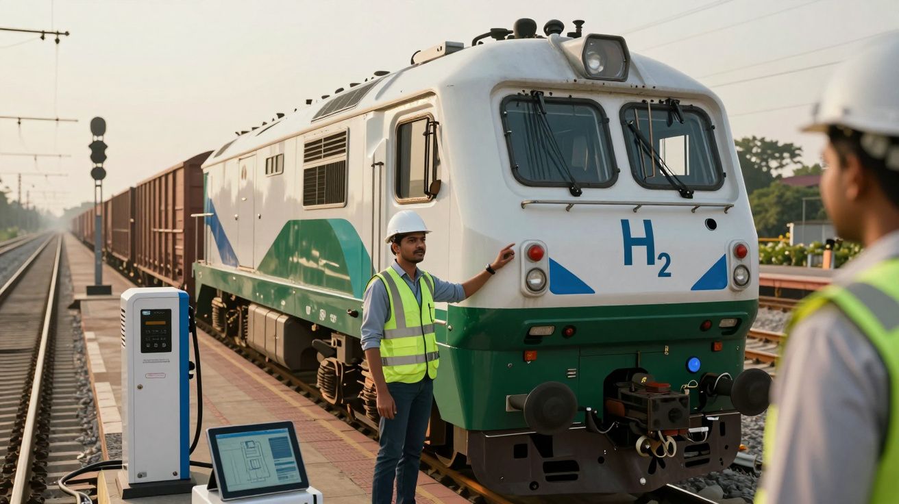 Locomotivă verde și albă cu simbolul H2, încărcată de un bărbat în vestă reflectorizantă la o gară feroviară.