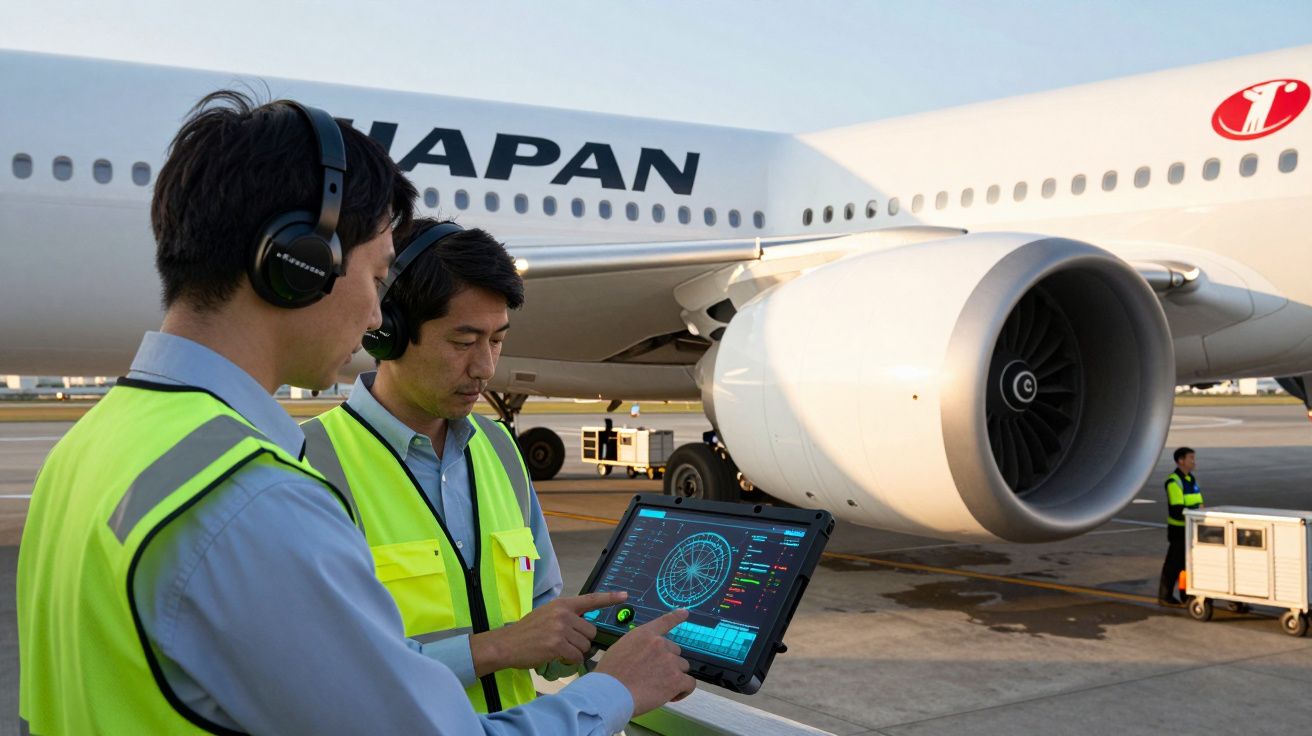 Doi tehnicieni în vestă reflectorizantă verifică un plan al zborului pe tabletă lângă un avion Japan Airlines pe pistă.