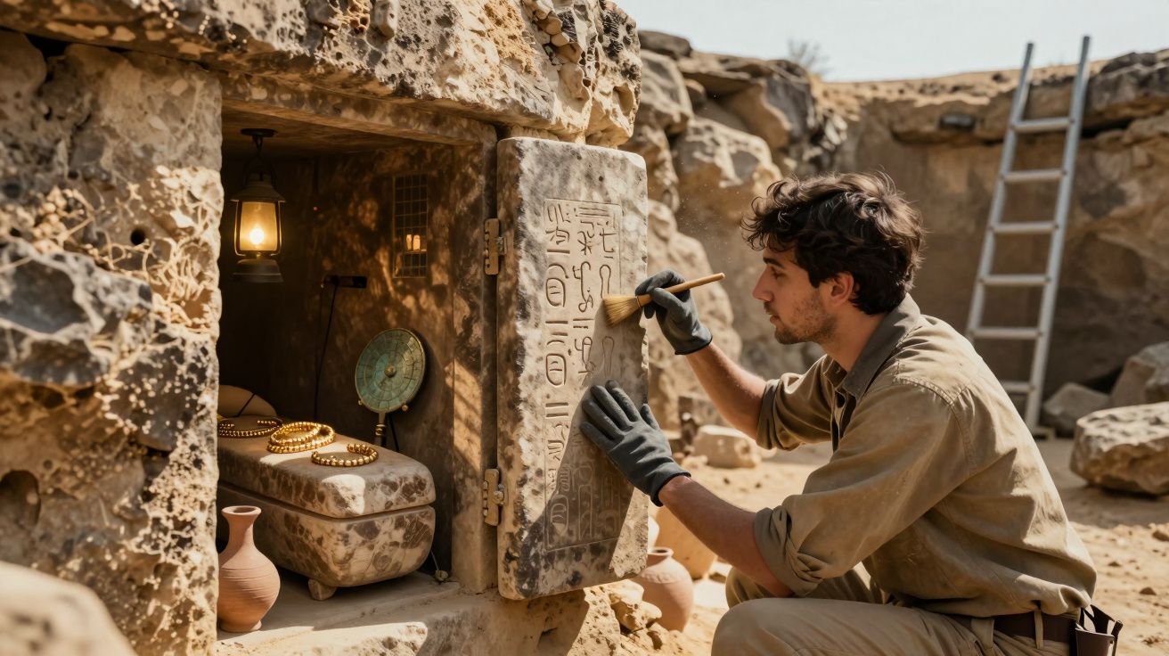 Arheolog lucrează la o piatră cu hieroglife la o descoperire subterană antică în deșert.