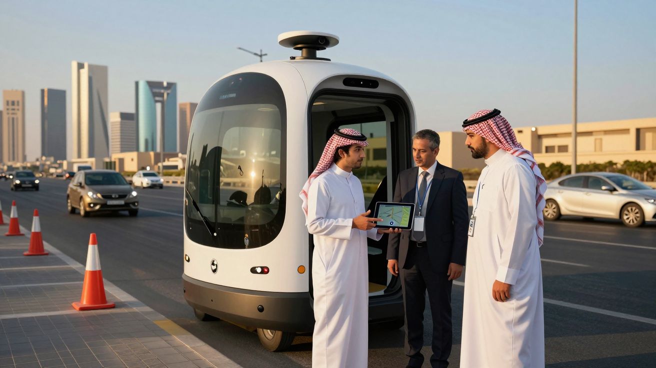 Trei bărbați discută lângă un vehicul autonom alb pe o stradă urbană cu clădiri în fundal, zi însorită.