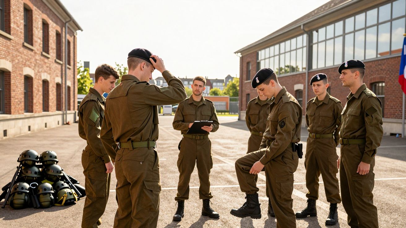 Soldați în uniformă de instrucție, în curtea unei unități militare, discutând și pregătindu-se pentru exerciții.