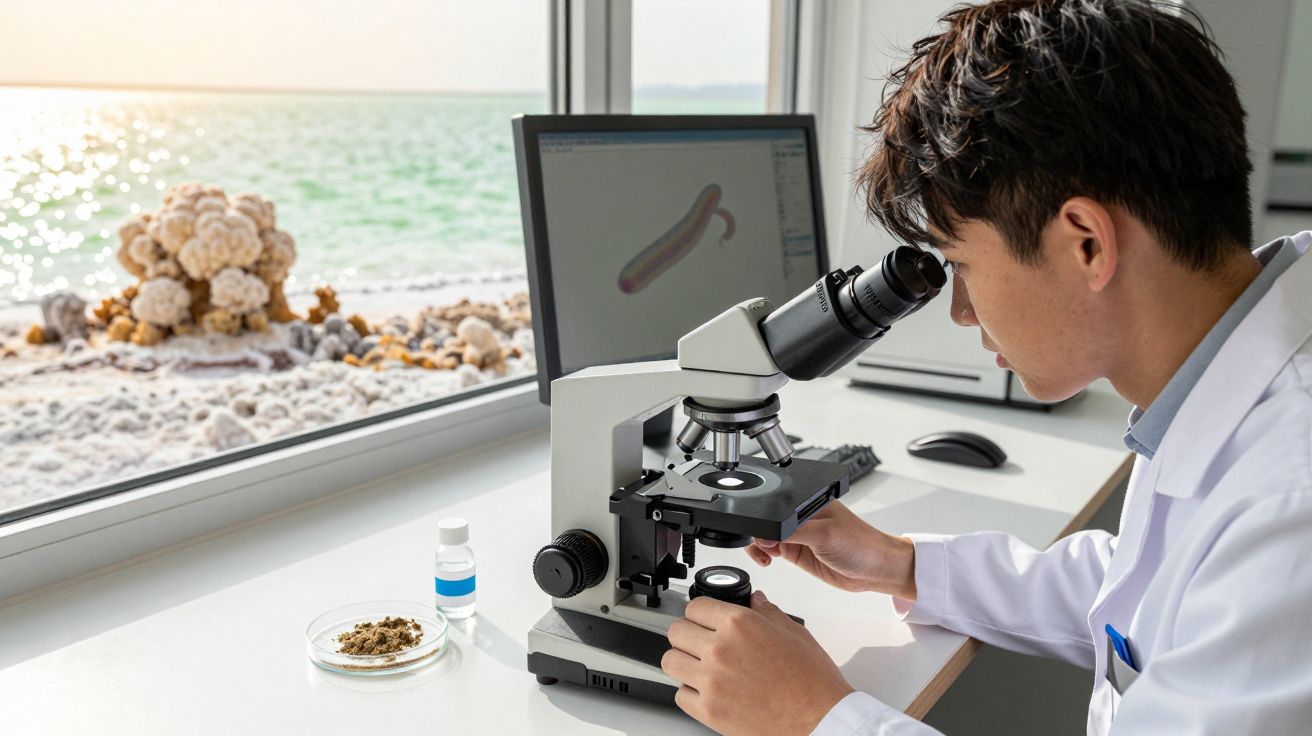 Om de știință privește prin microscop într-un laborator lângă o fereastră cu vedere spre mare.