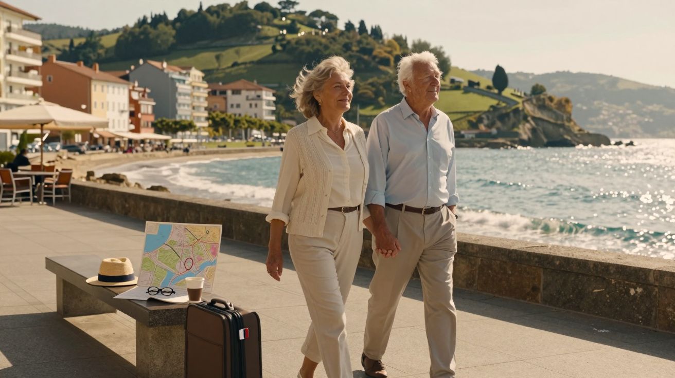 Cuplu în vârstă plimbându-se de mână pe promenada litorala, cu geamantan și hartă pe o bancă.