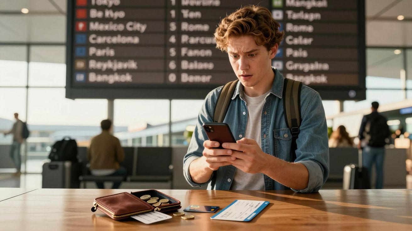 Tânăr îngrijorat privind telefonul la aeroport, cu pașaport, bilete și bani pe masă.
