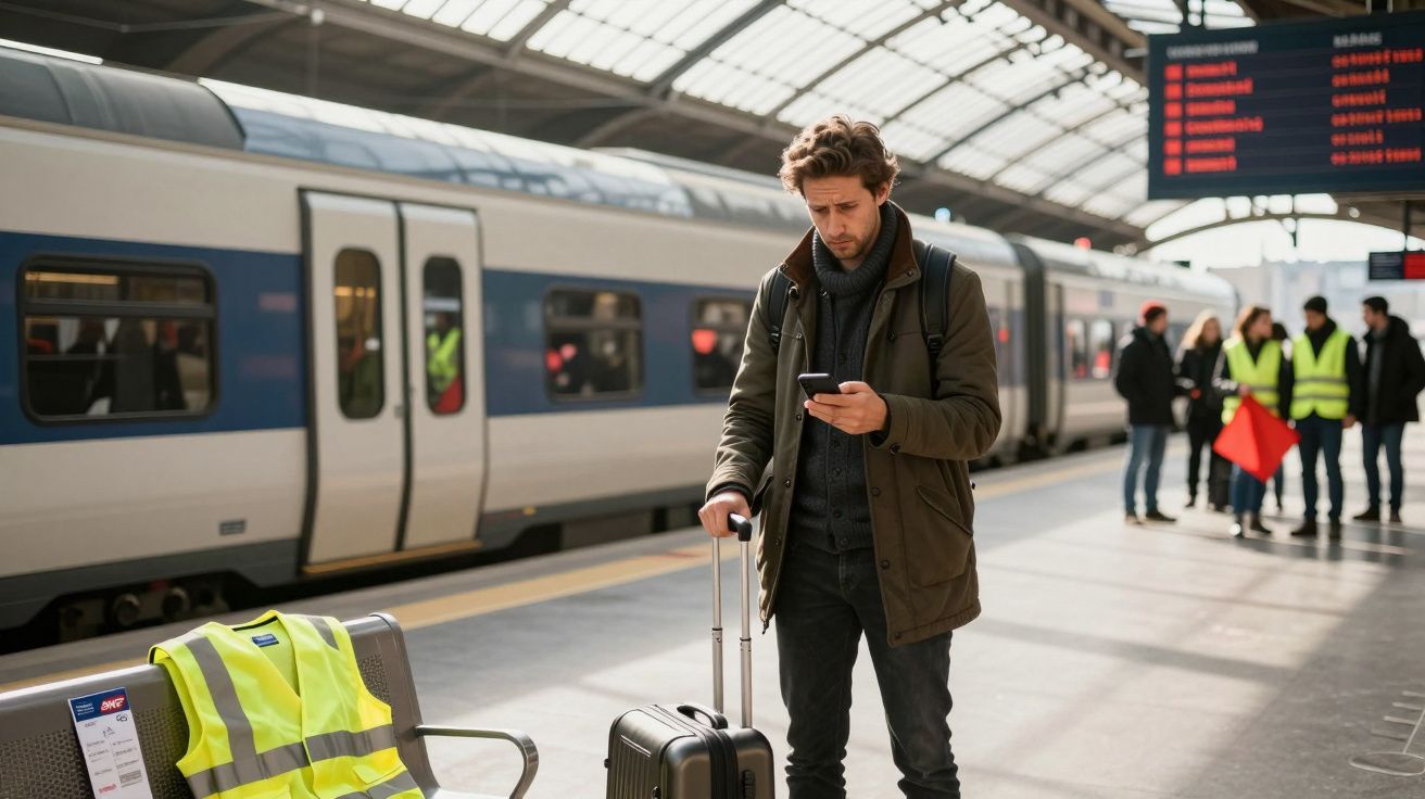 Bărbat cu geacă, telefon și valiză așteaptă trenul pe peron într-o gară modernă, cu oameni în fundal.