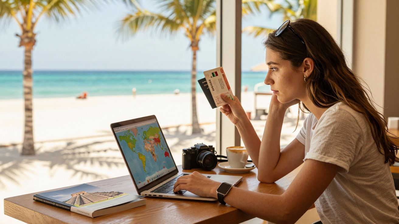 Tânără planificând o călătorie cu laptop, pașaport și cafea, cu vedere la plajă și palmieri.