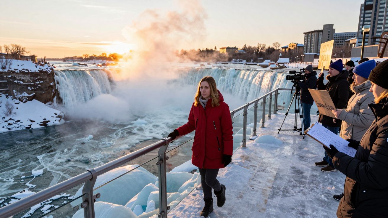 Femeie în palton roșu lângă o cascadă înghețată cu oameni și cameramani în spate pe o zi de iarnă.
