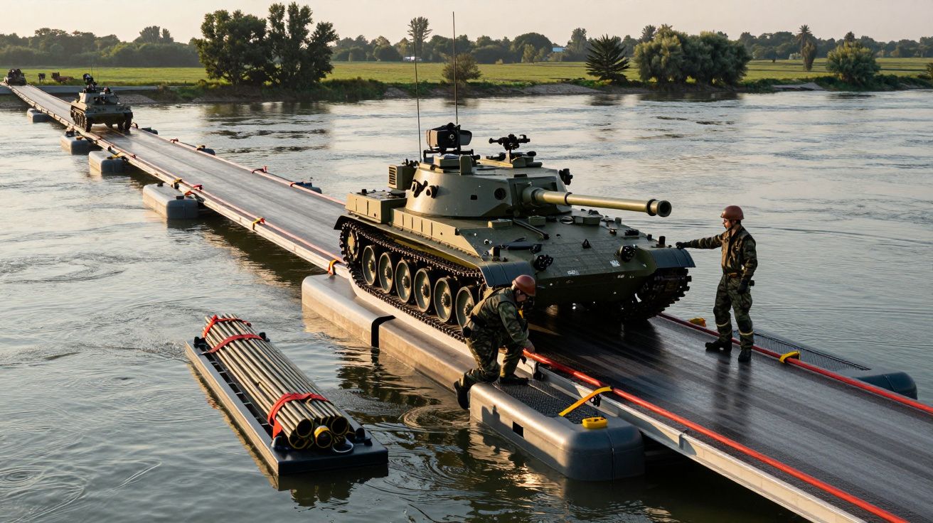 Tanc militar pe un pod plutitor peste un râu, însoțit de doi soldați în uniforme camuflate.