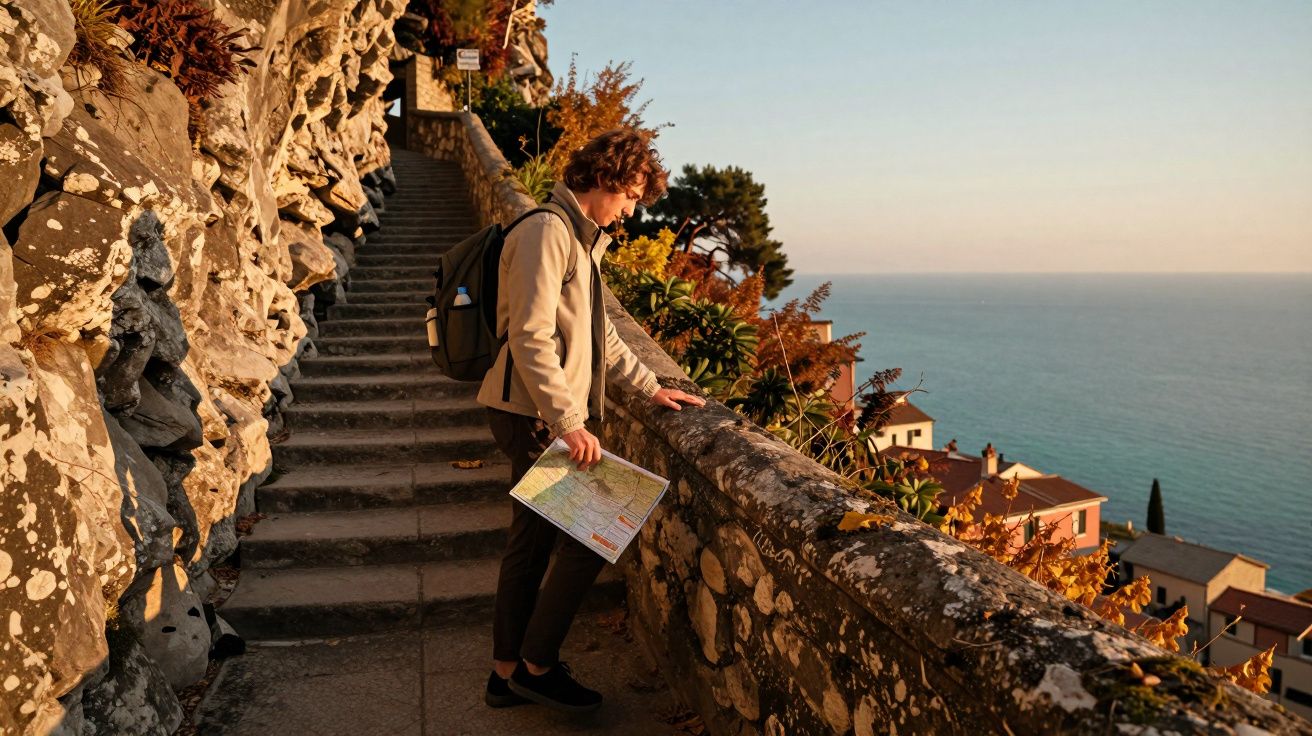 Bărbat cu rucsac și hartă, pe trepte de piatră lângă stânci, privind spre mare și case sub soare cald.