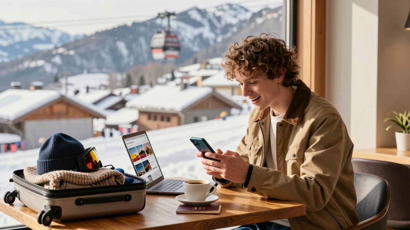 Tânăr zâmbind, folosind telefonul la masă, cu laptop, cafea și geamantăn, pe fundal munți înzăpeziți și telecabină.