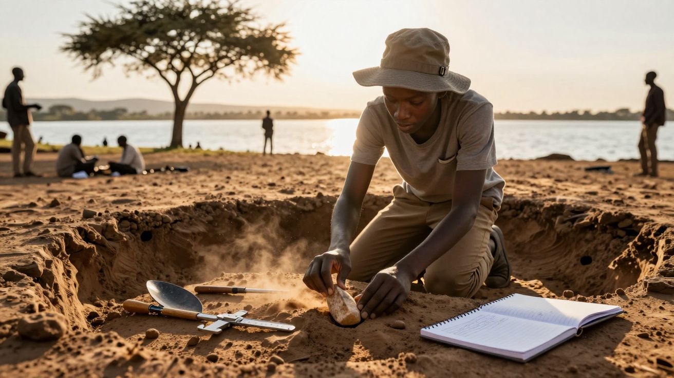 Tânăr arheolog săpând și examinând un obiect în nisip, cu un caiet deschis și unelte lângă el, pe malul apei.