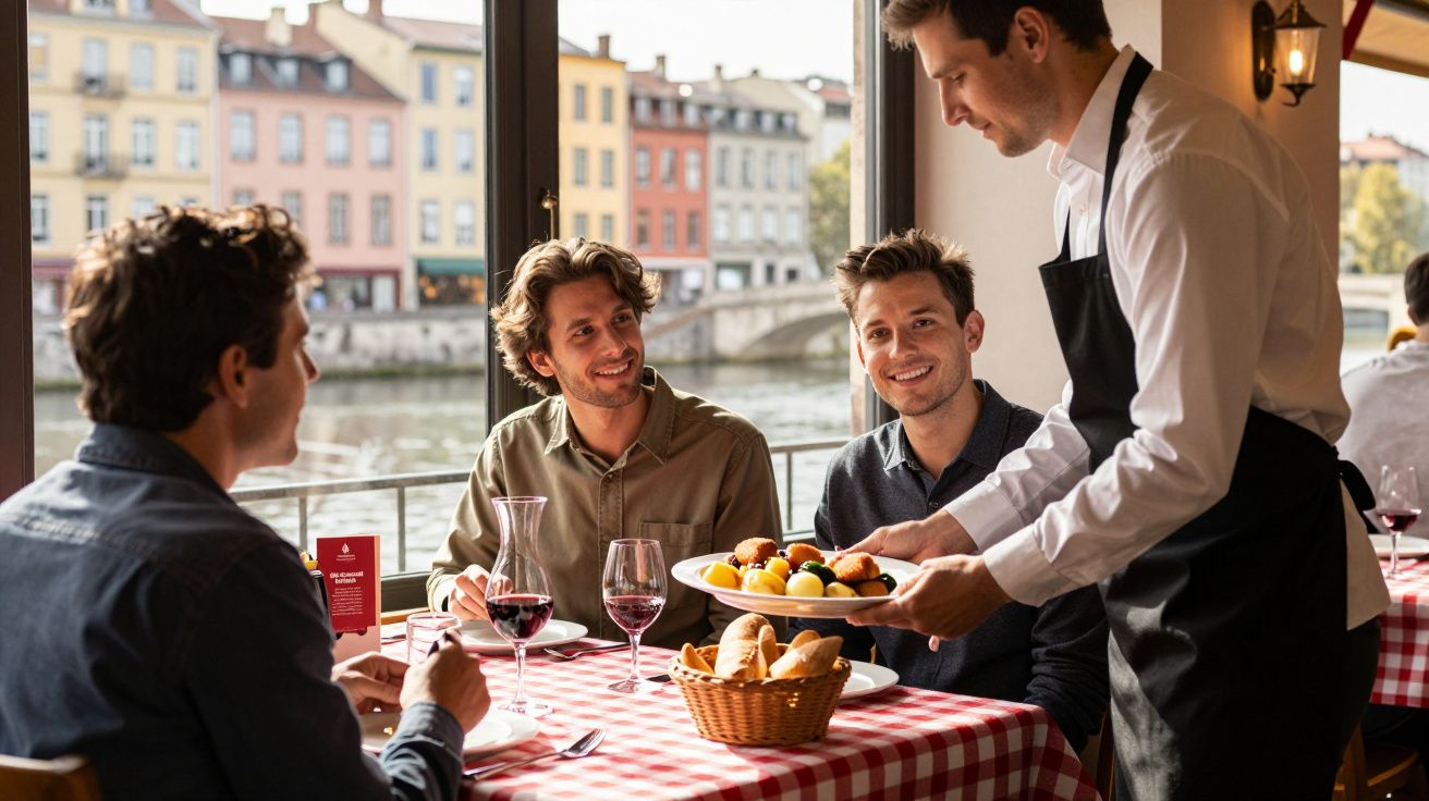 Trei bărbați la masă într-un restaurant cu vedere la râu, ospătar servind un fel principal.