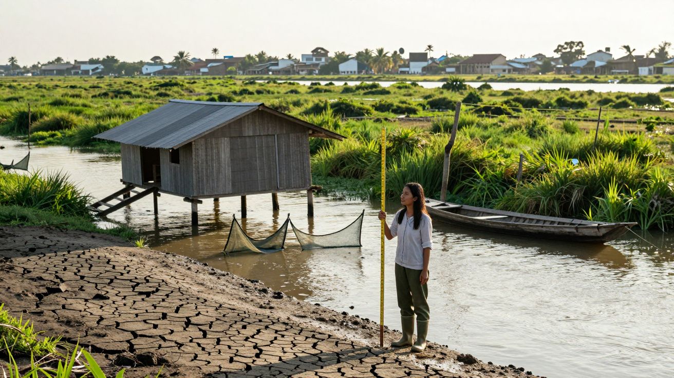 O femeie măsoară adâncimea apei lângă o casă pe piloni și o barcă pe un râu cu maluri uscate și crăpate.