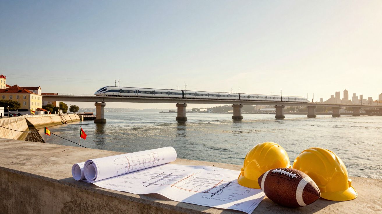 Planuri de construcție, două căști galbene și o minge de fotbal pe marginea râului cu un tren modern pe pod.
