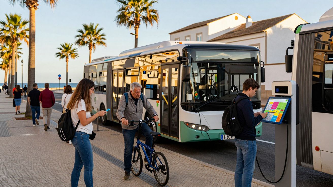 Oameni așteptând lângă stația de autobuz cu palmieri și clădiri în fundal la apus.