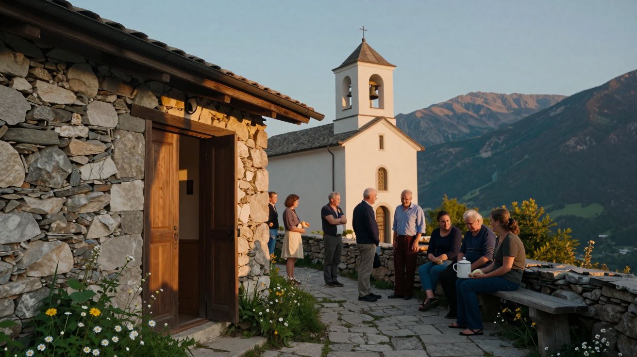 Oameni adunați afară lângă biserică și casă de piatră în munți la apus, conversații și relaxare.