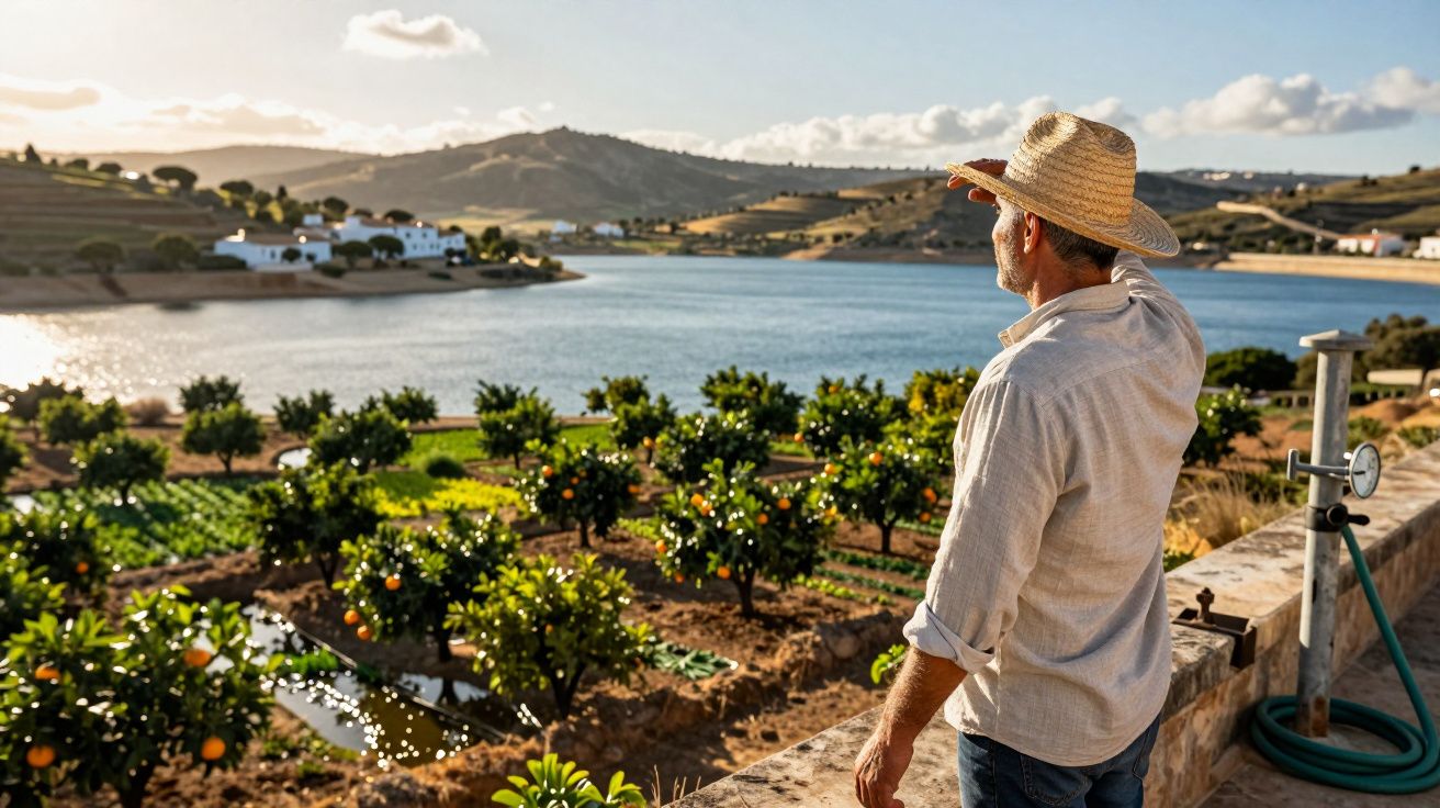 Bărbat cu pălărie de paie privind spre o livadă cu portocali lângă un lac în lumina apusului.