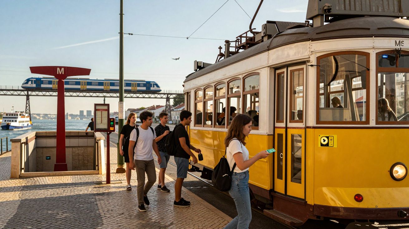 Tineri urcând într-un tramvai galben lângă un pod cu tren și apă în fundal într-o zi însorită.