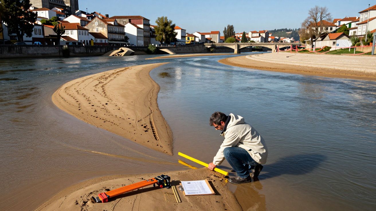 Bărbat în haină gri măsoară nivelul apei lângă un râu, cu case și plajă de nisip în fundal.
