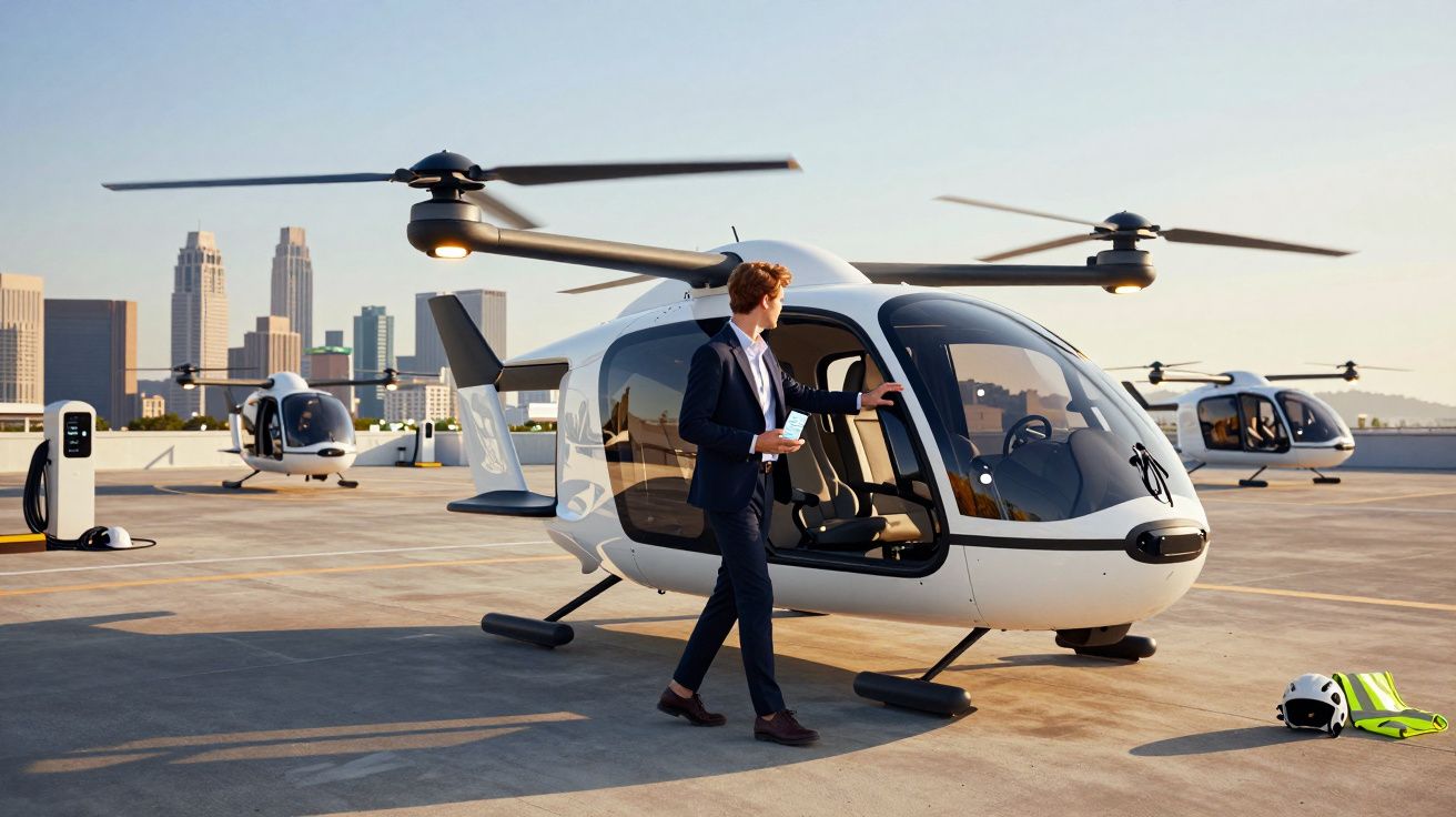 Un bărbat în costum deschide ușa unui elicopter modern alb pe un helipad urban, cu clădiri în fundal.