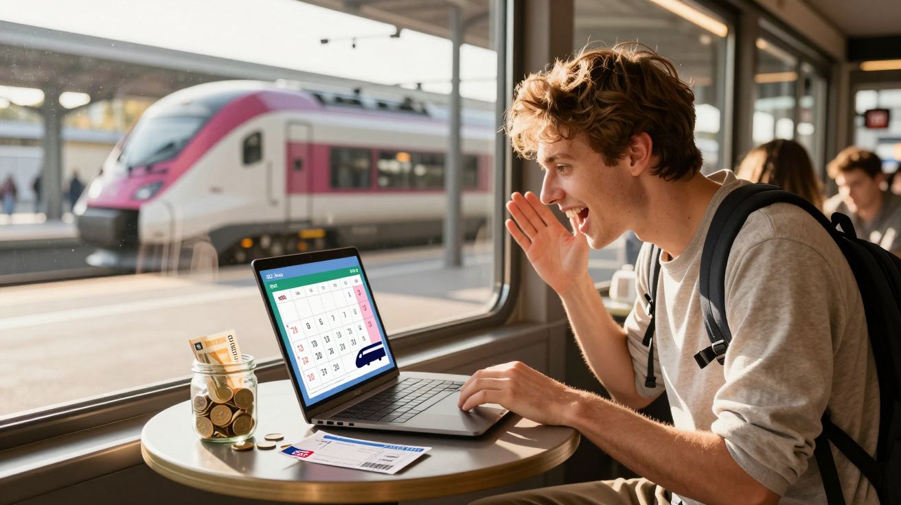 Tânăr entuziast la fereastra unui tren, folosind laptopul pentru a verifica calendarul călătoriilor și biletele.