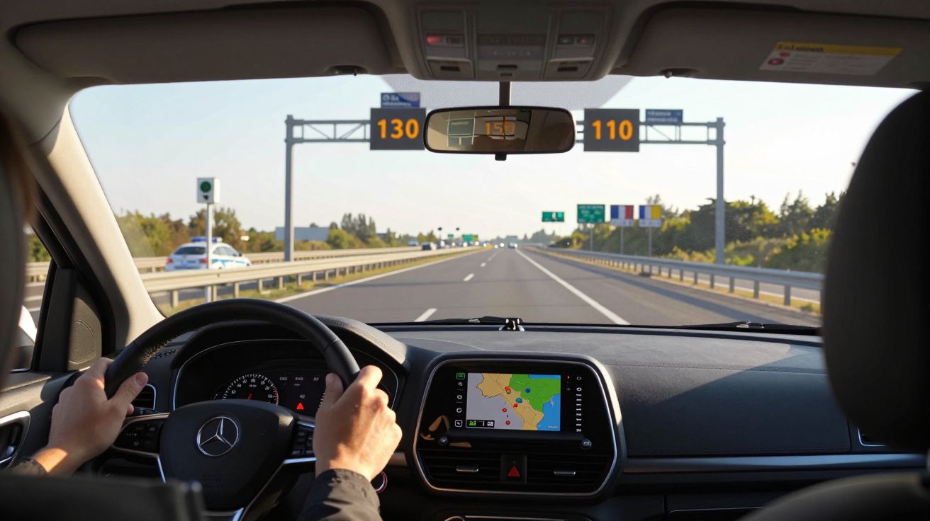 Interior mașină Mercedes în mișcare pe autostradă, cu vedere spre drum și indicatoare de limită de viteză.